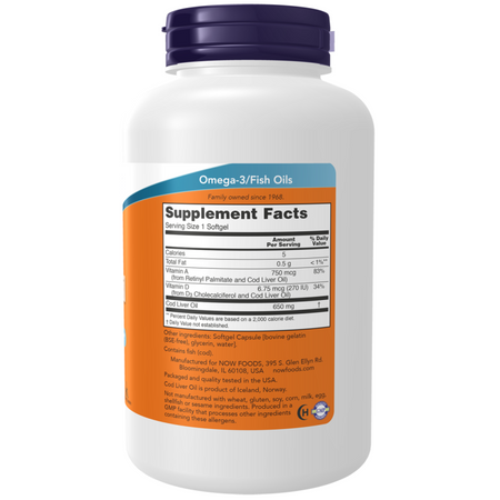 Now Foods Cod Liver Oil 650 mg 250 kapslí