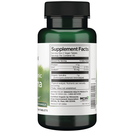 Swanson Certifikovaná Organická Spirulina 500 mg 180 tablet