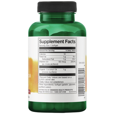 Swanson Vitamín D3 2000 iu Cholekalciferol s Kokosovým olejem 60 kapslí