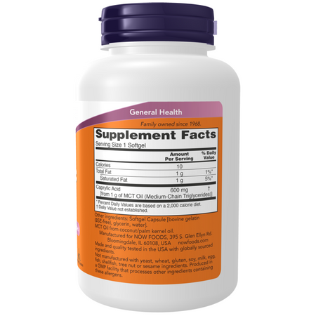 Now Foods Kyselina Kaprylová 600 mg 100 kapslí